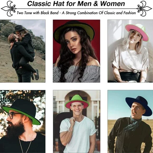 Trendy Fedora Hats for Men & Women Wide Brim Felt Hat Dress Panama Hat Two Tone